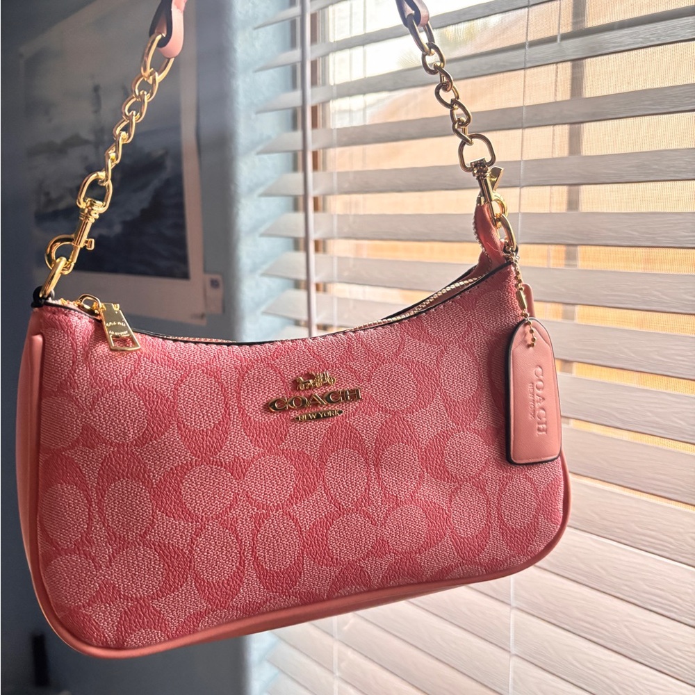 Coach Pink Signature Jacquard Shoulder Bag with Gold Hardware